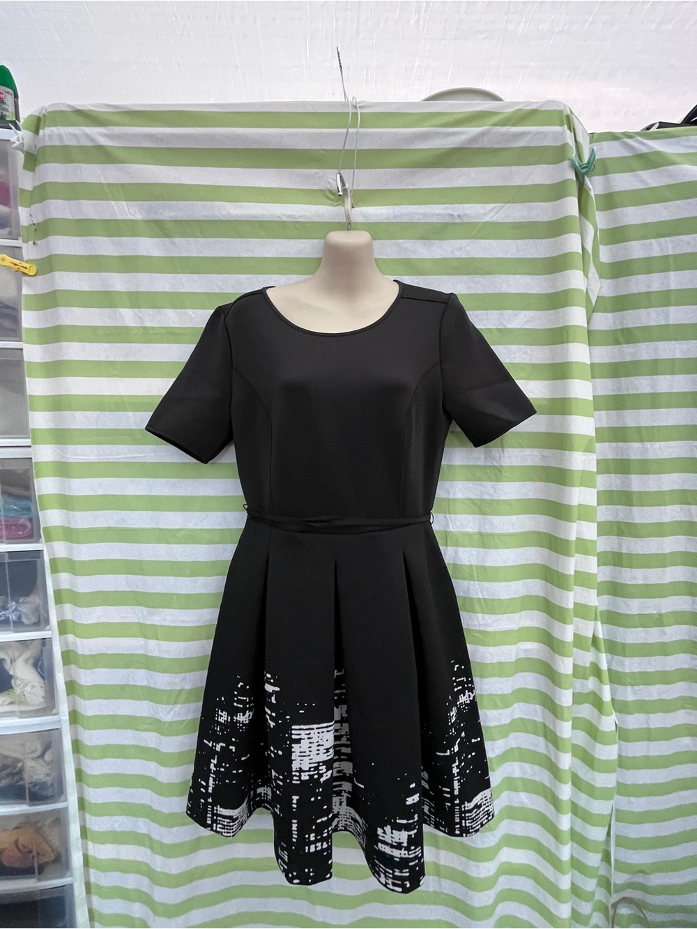 Tahari Black Fit-and-Flare Mini Dress with White Graphic Hem